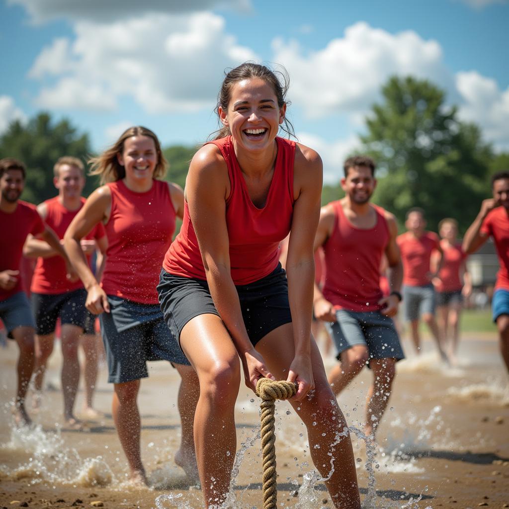 Exuberant celebration of the winning team in a tug of war match