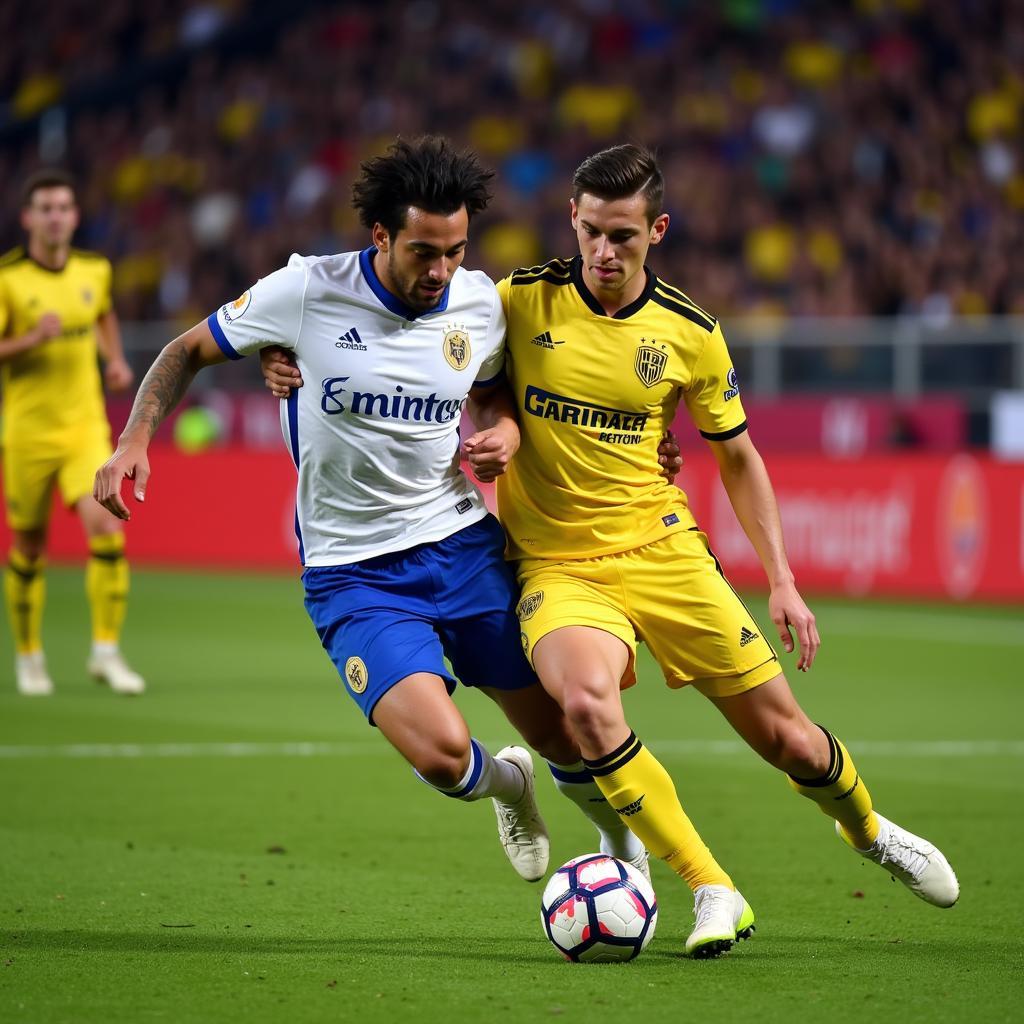 Villarreal CF and Girona FC players competing for the ball