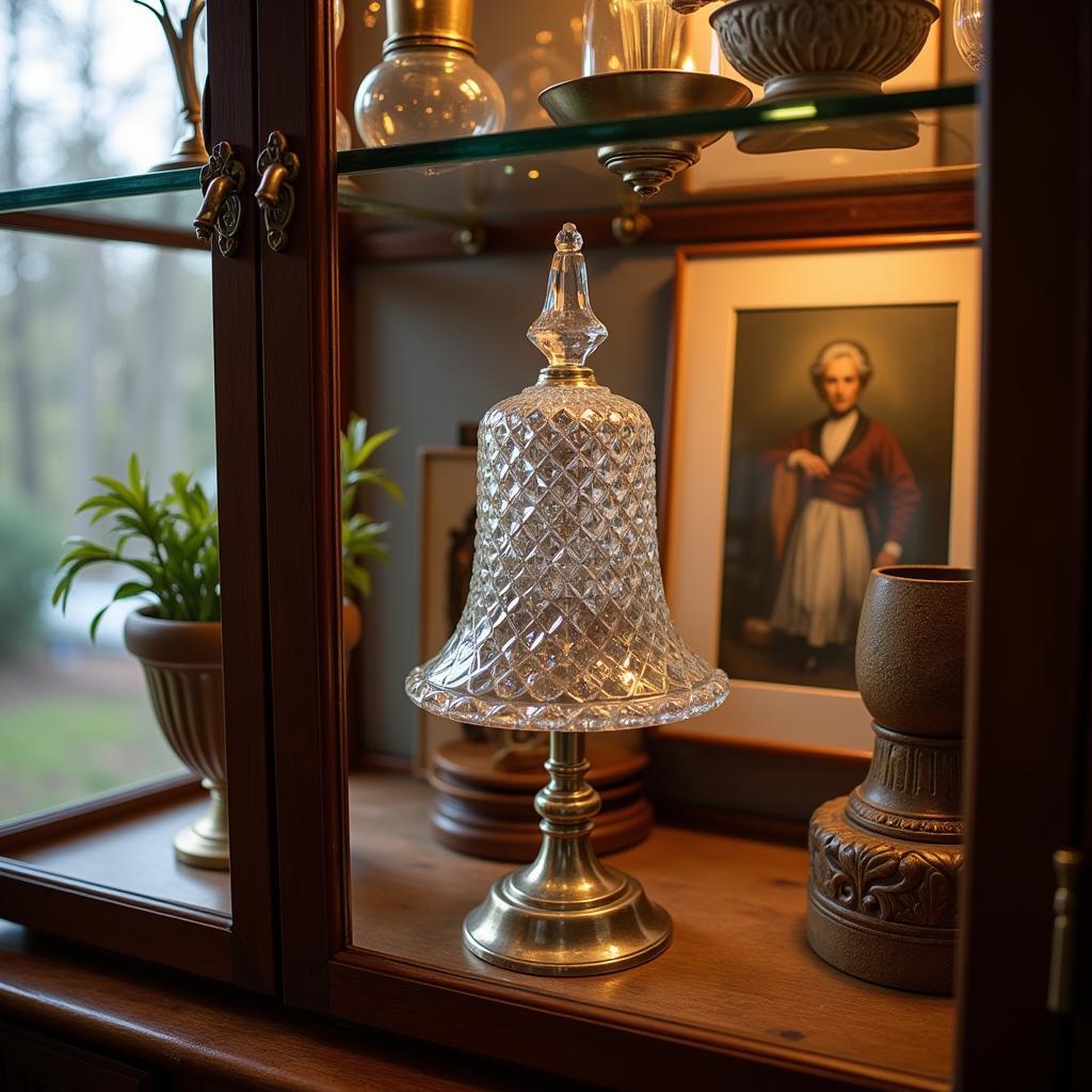 A vintage crystal bell displayed prominently in a glass cabinet, showcasing its elegance and value.