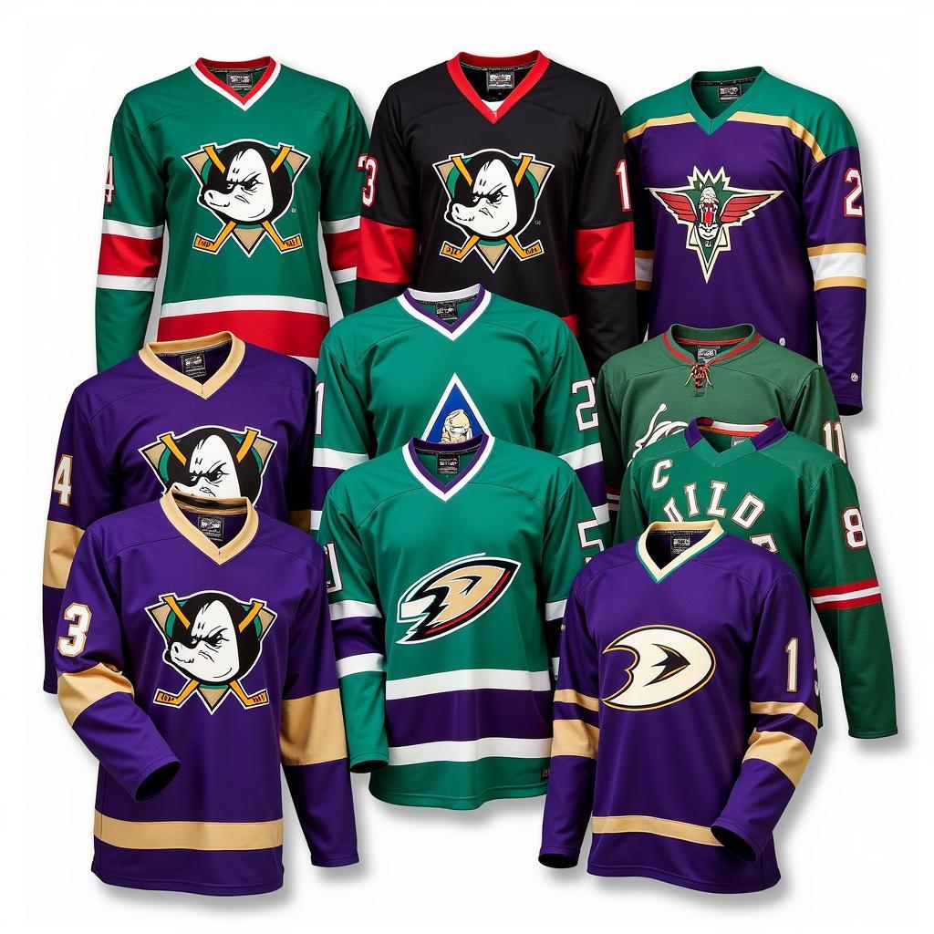 A collection of vintage Mighty Ducks of Anaheim jerseys