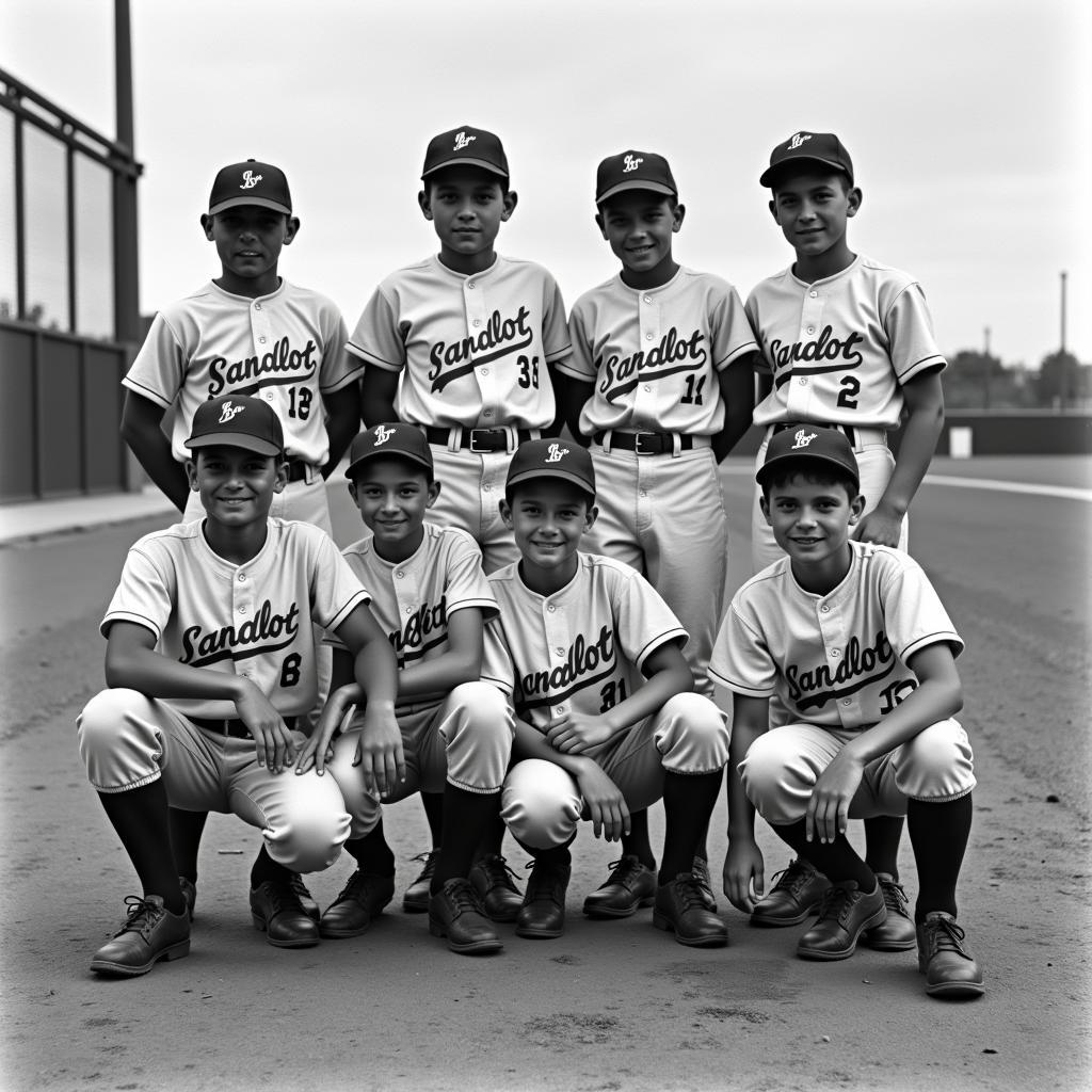 Black and white photo of a sandlot baseball team