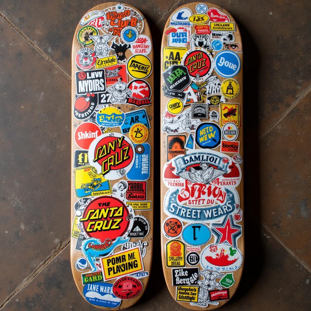 A collection of vintage skate stickers showcasing iconic brands and designs from the past