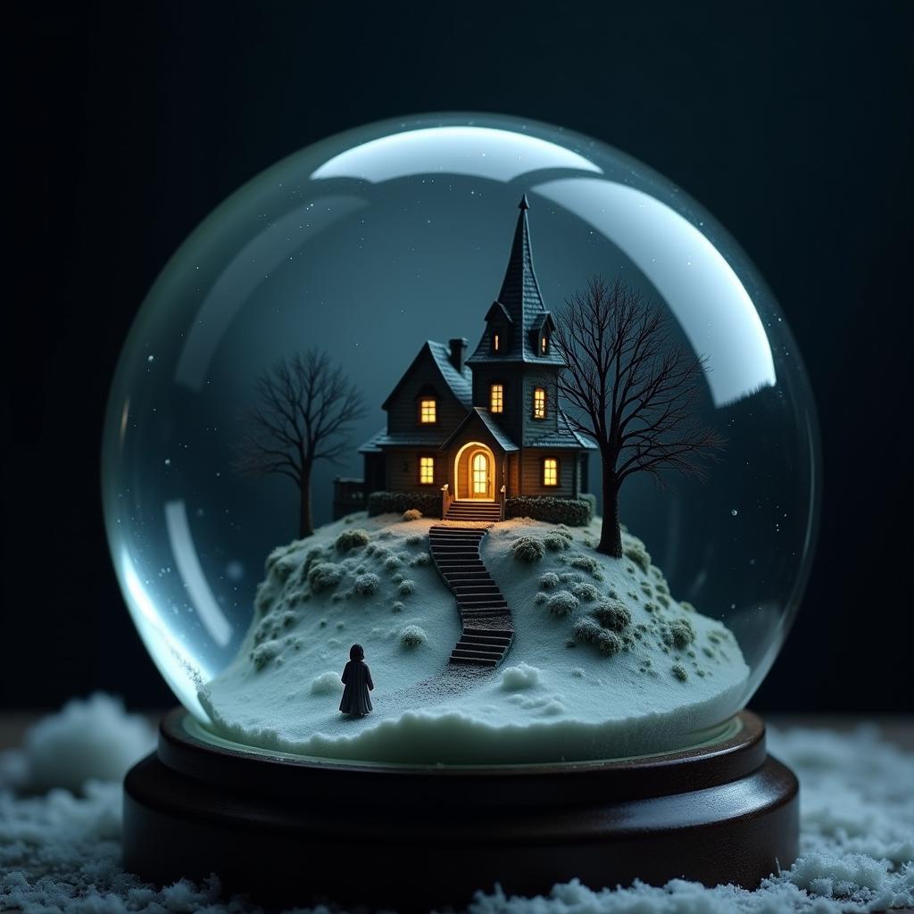 A vintage snow globe depicting a spooky scene