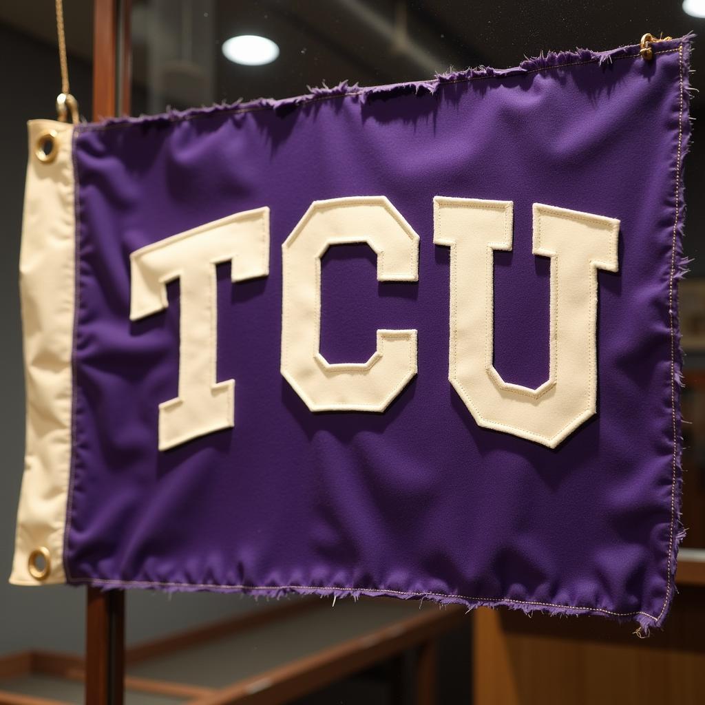 A vintage TCU flag displayed in a case