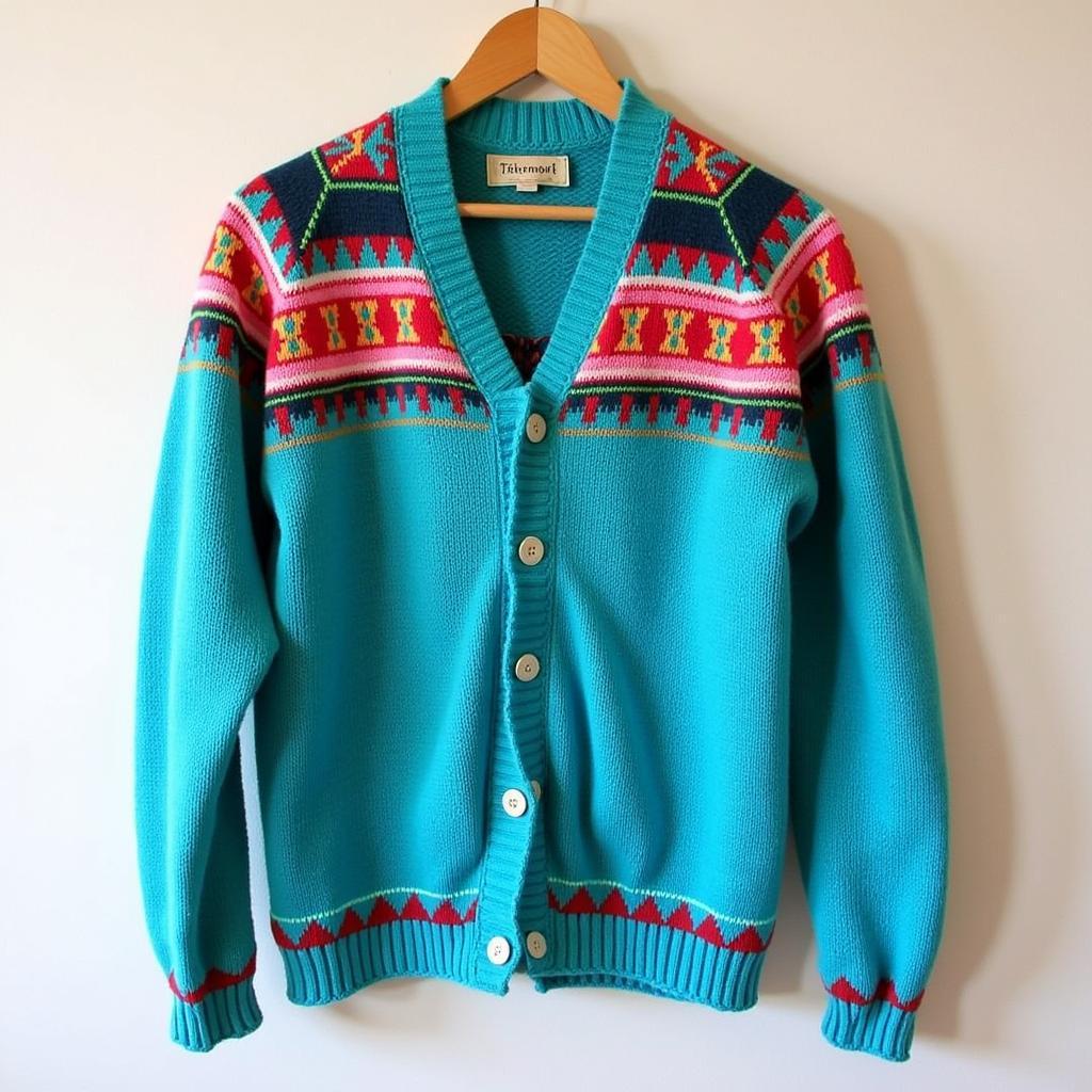 A vintage sweater in a shade of blue considered "ugly" by modern fashion standards.