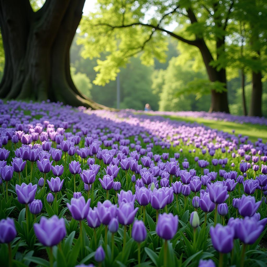 Violets blooming under the shade of trees