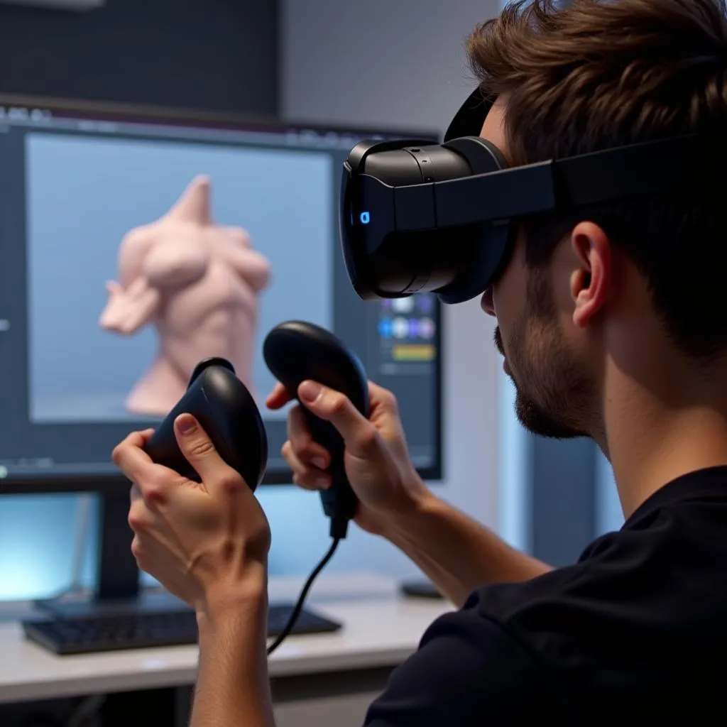 User sculpting a 3D model in VR using a Quest 3 headset and controllers