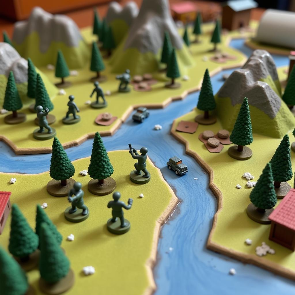 Wargame miniatures engaged in battle on a hexagonal terrain board