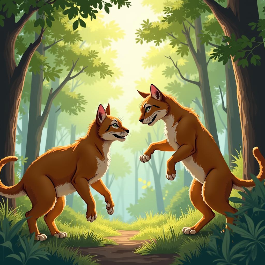 Two warrior cats sparring in the forest