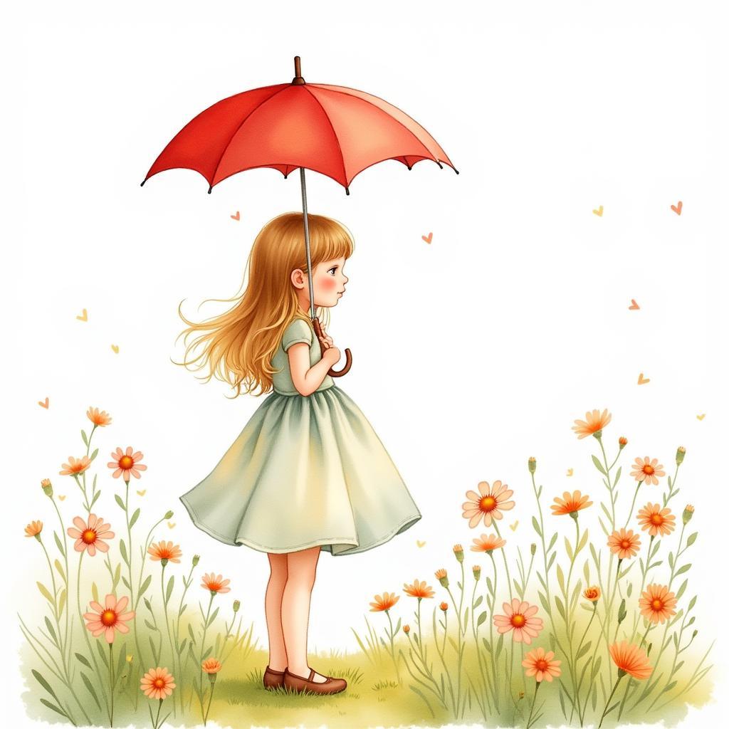 Girl with Umbrella in Watercolor Whimsy Style