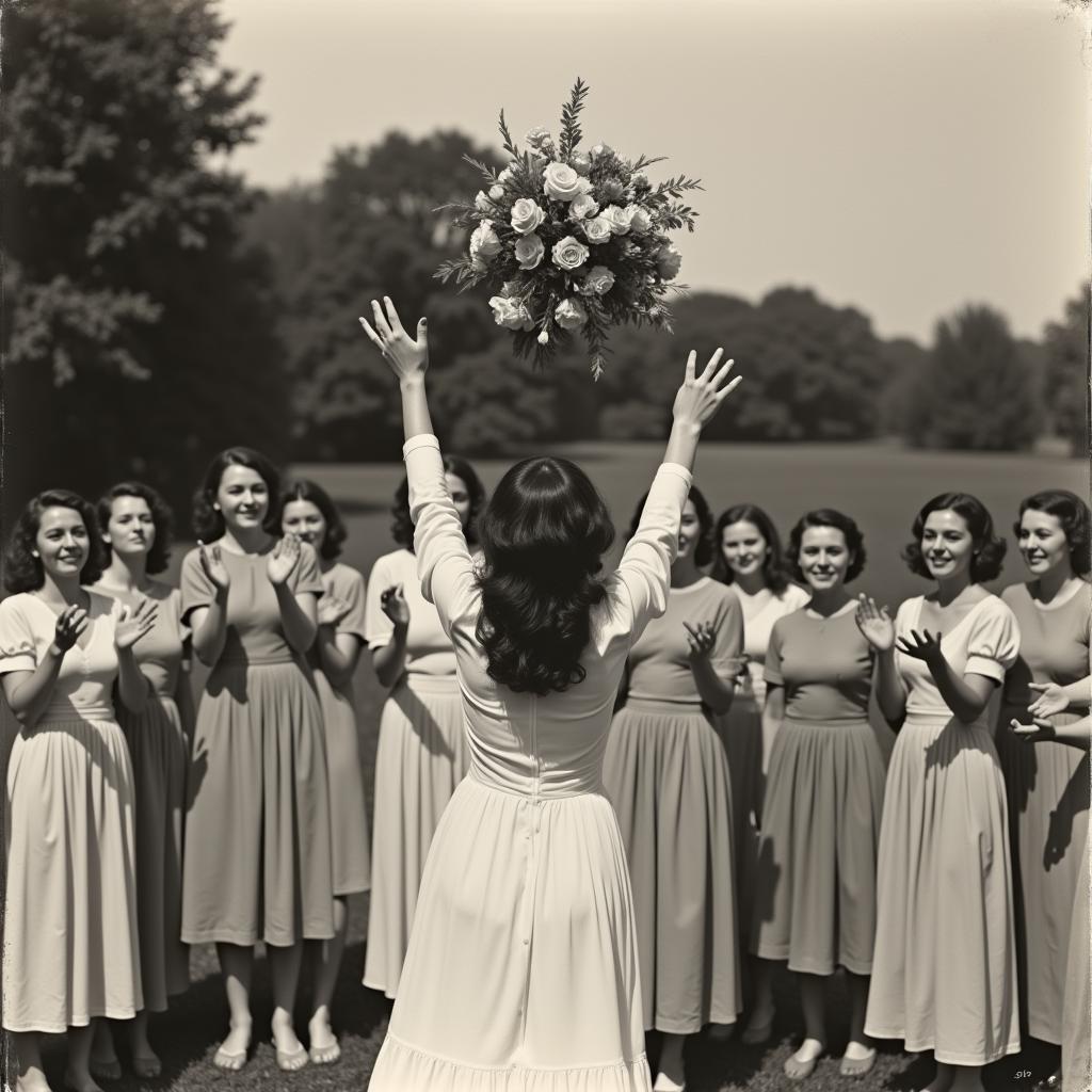 Bride tossing bouquet to crowd of smiling women