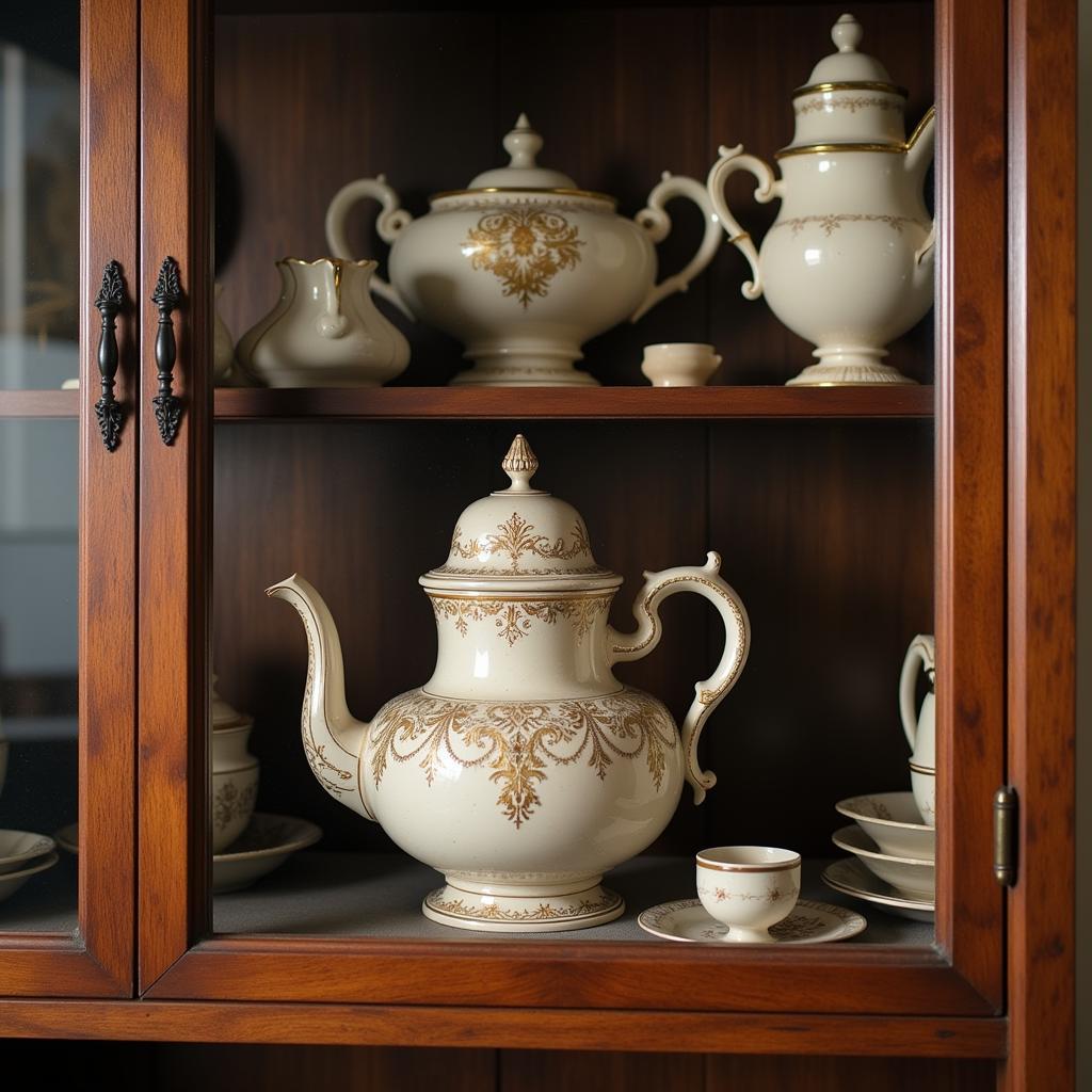 Vintage wedding teapot displayed in a glass cabinet