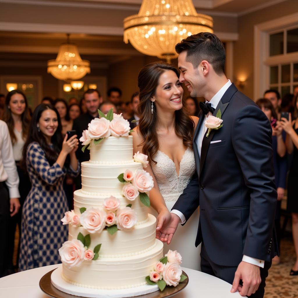 Bride and groom cutting cake together, surrounded by guests