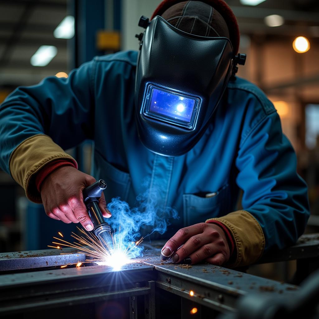 Welder wearing protective gear with radiant shield optics