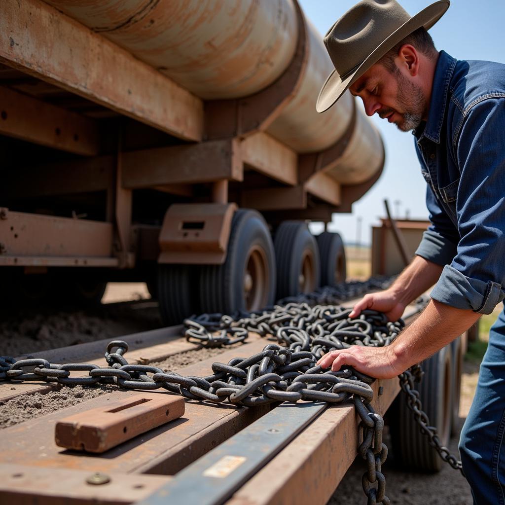 Securing a Load on a Western Belt Trailer Using Safety Chains and Straps