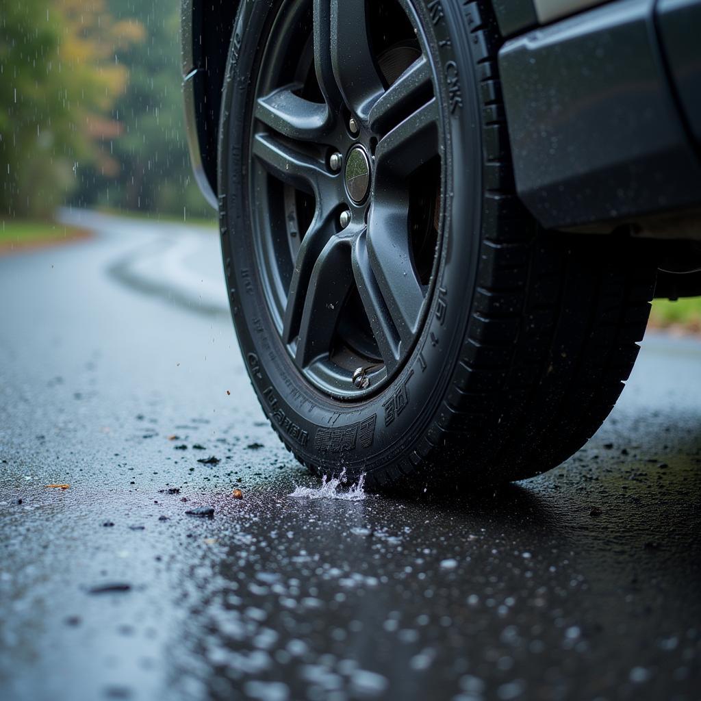 Car Tire Skidding on Wet Road