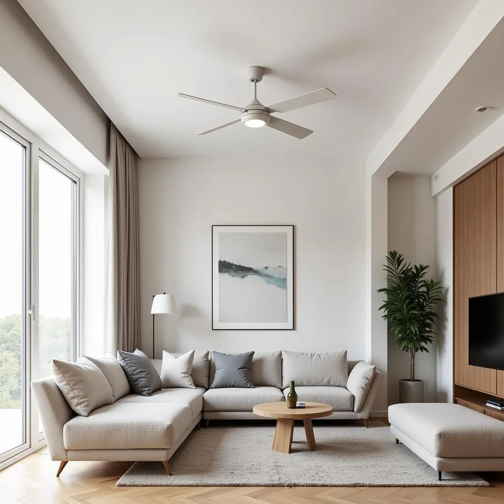 Modern living room with a white hugger ceiling fan