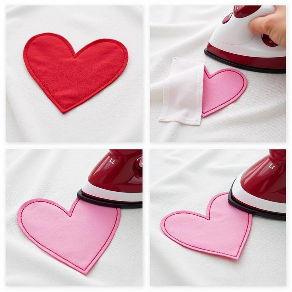 A woman carefully applies a heart iron-on patch to her denim jacket using a hot iron.