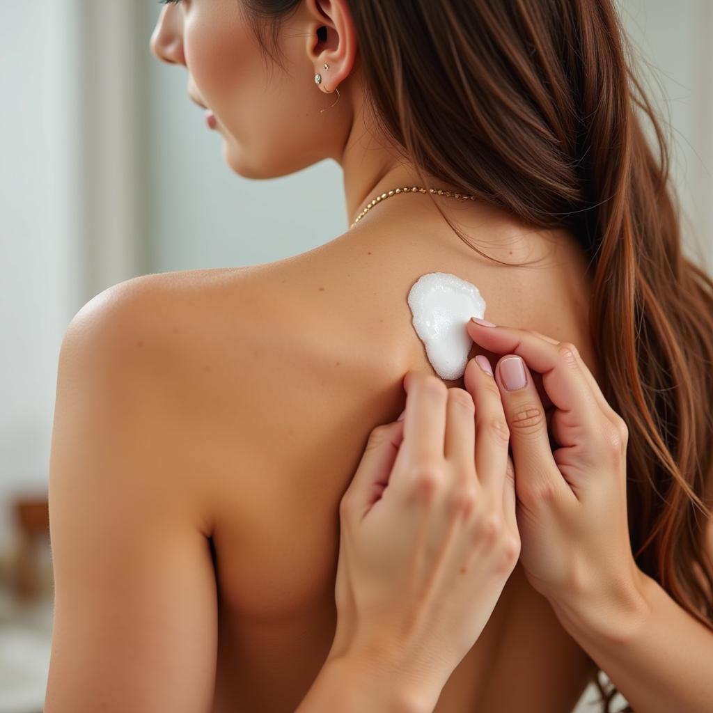 A woman applying sunscreen to her back while nude tanning