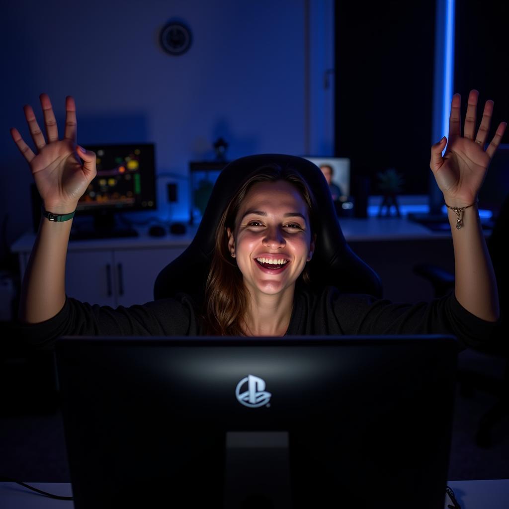 A woman celebrates completing a challenging level in a video game.