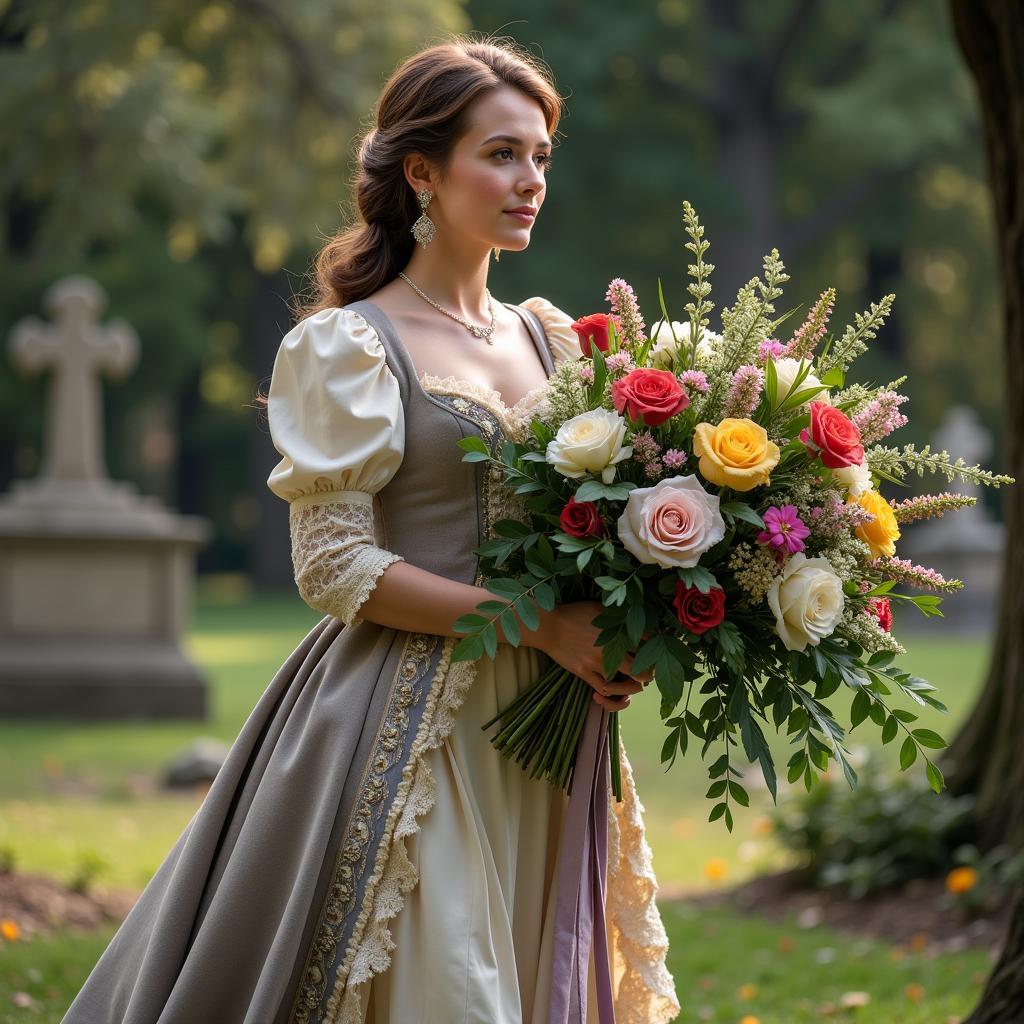 Victorian woman carrying a bouquet of flowers