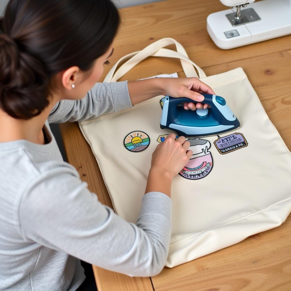 Ironing a large patch onto a tote bag