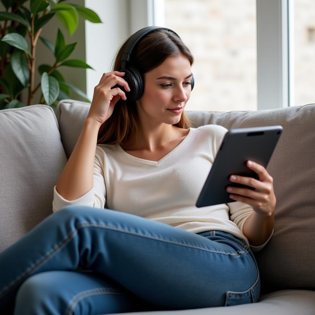 Woman listening to an audiobook on headphones