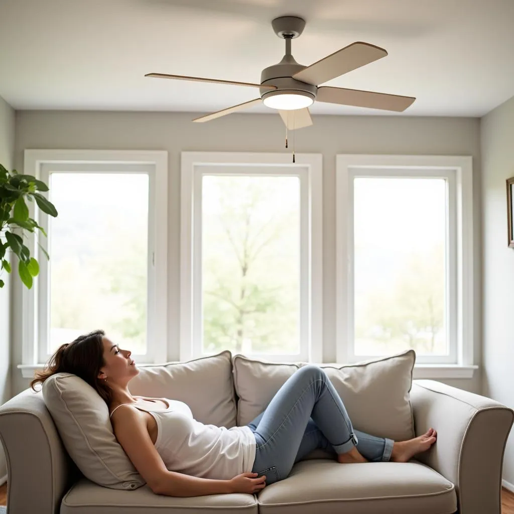 Woman enjoying the comfort of a white hugger ceiling fan