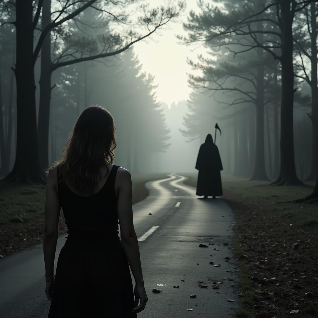 Woman Standing at Crossroads With Grim Reaper in Distance