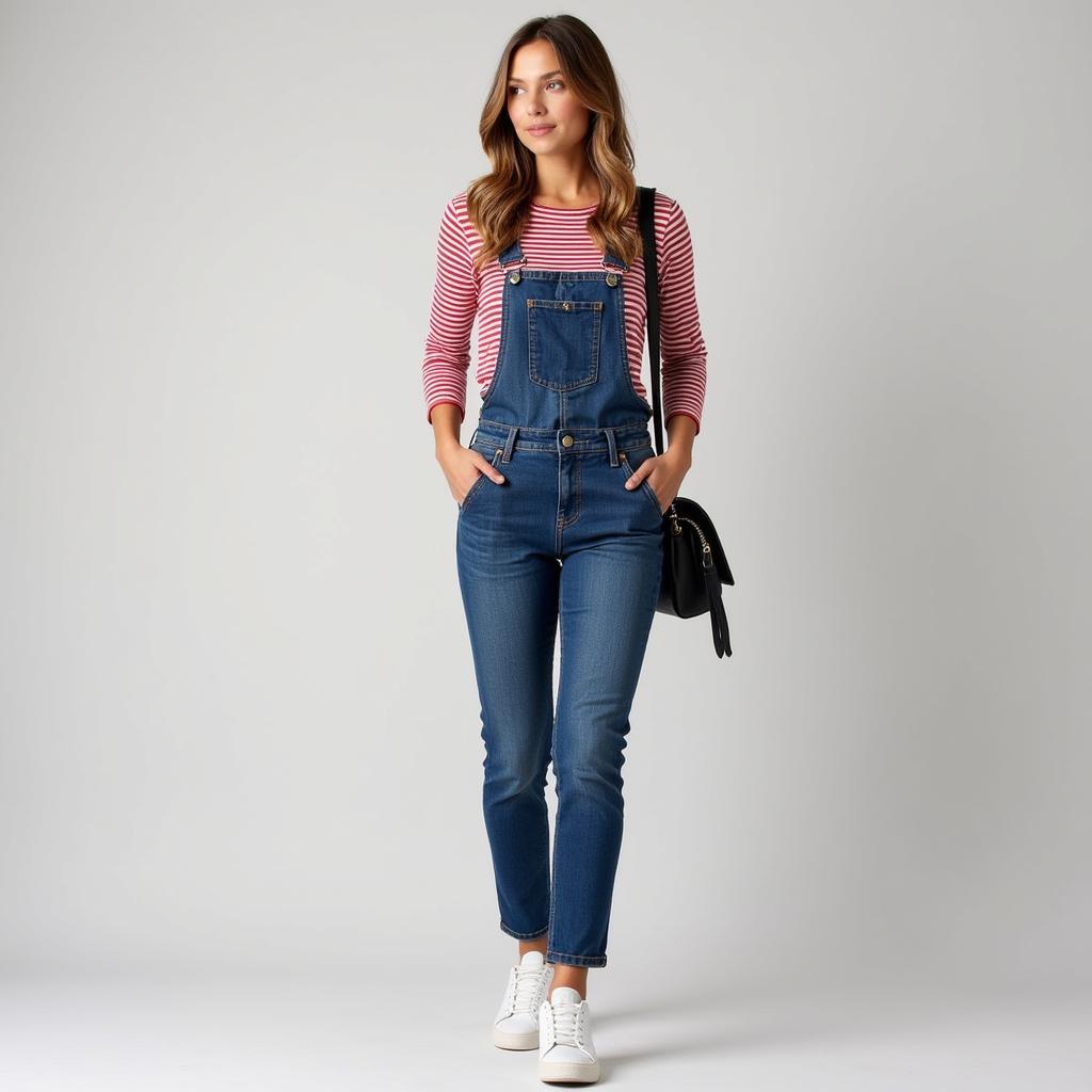 Woman Styling Smith Overalls with a Striped Shirt