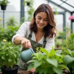 Woman Tending Plants in Her Greenhouse