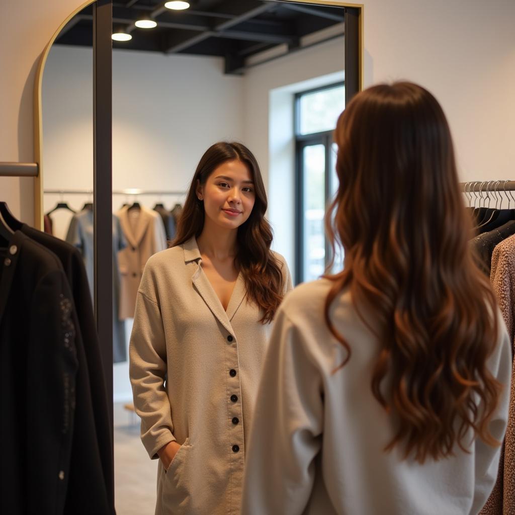 Woman Trying on a Dress in a Flirt Store Fitting Room