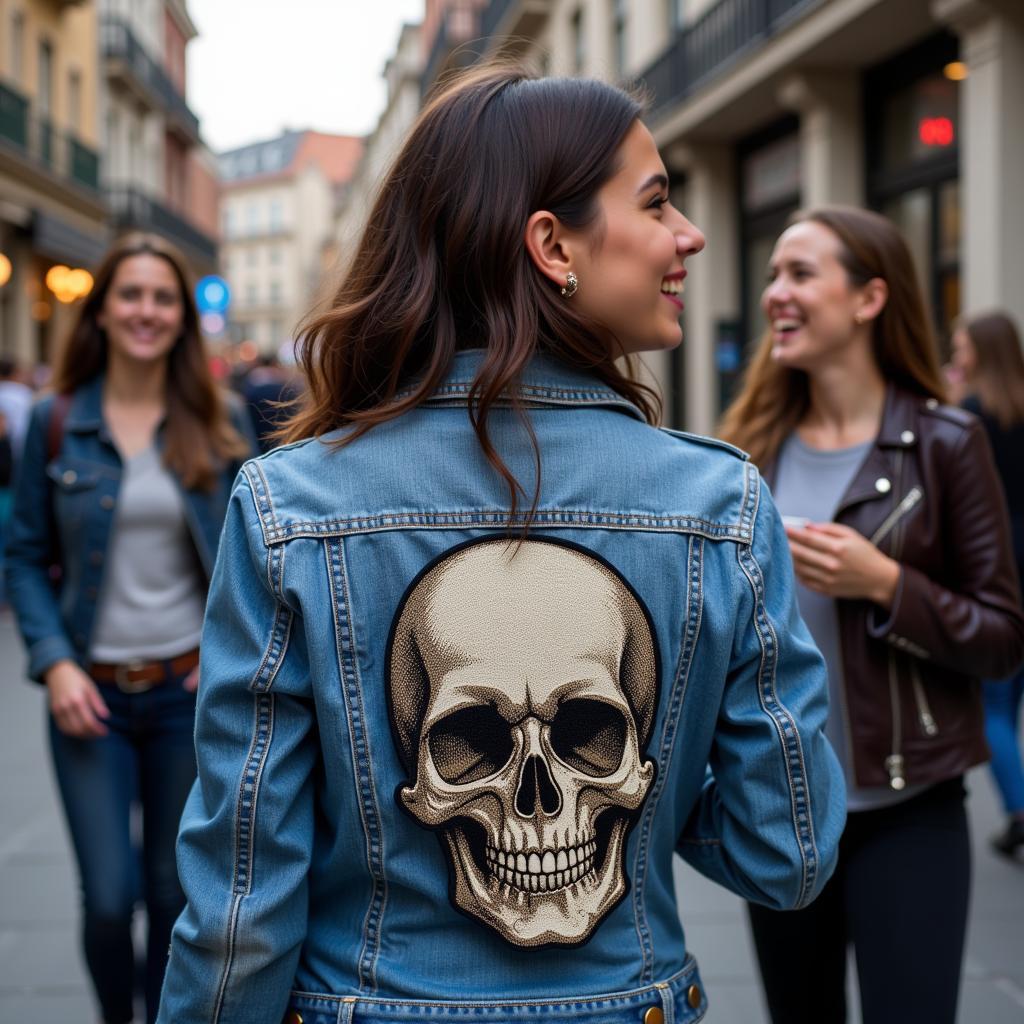 Woman Sporting a Jacket with a Large Skull Patch