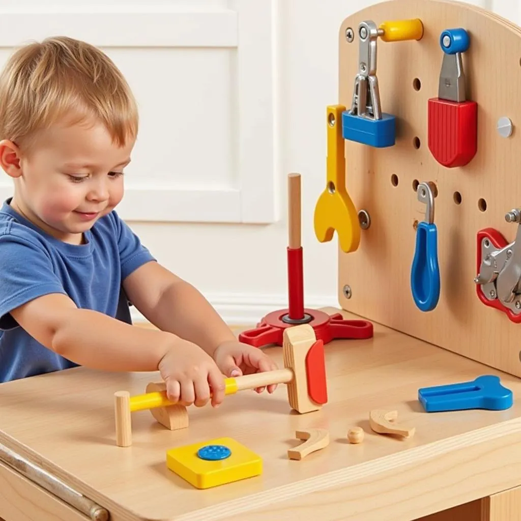 Toddler playing with a wooden tool bench and tools.