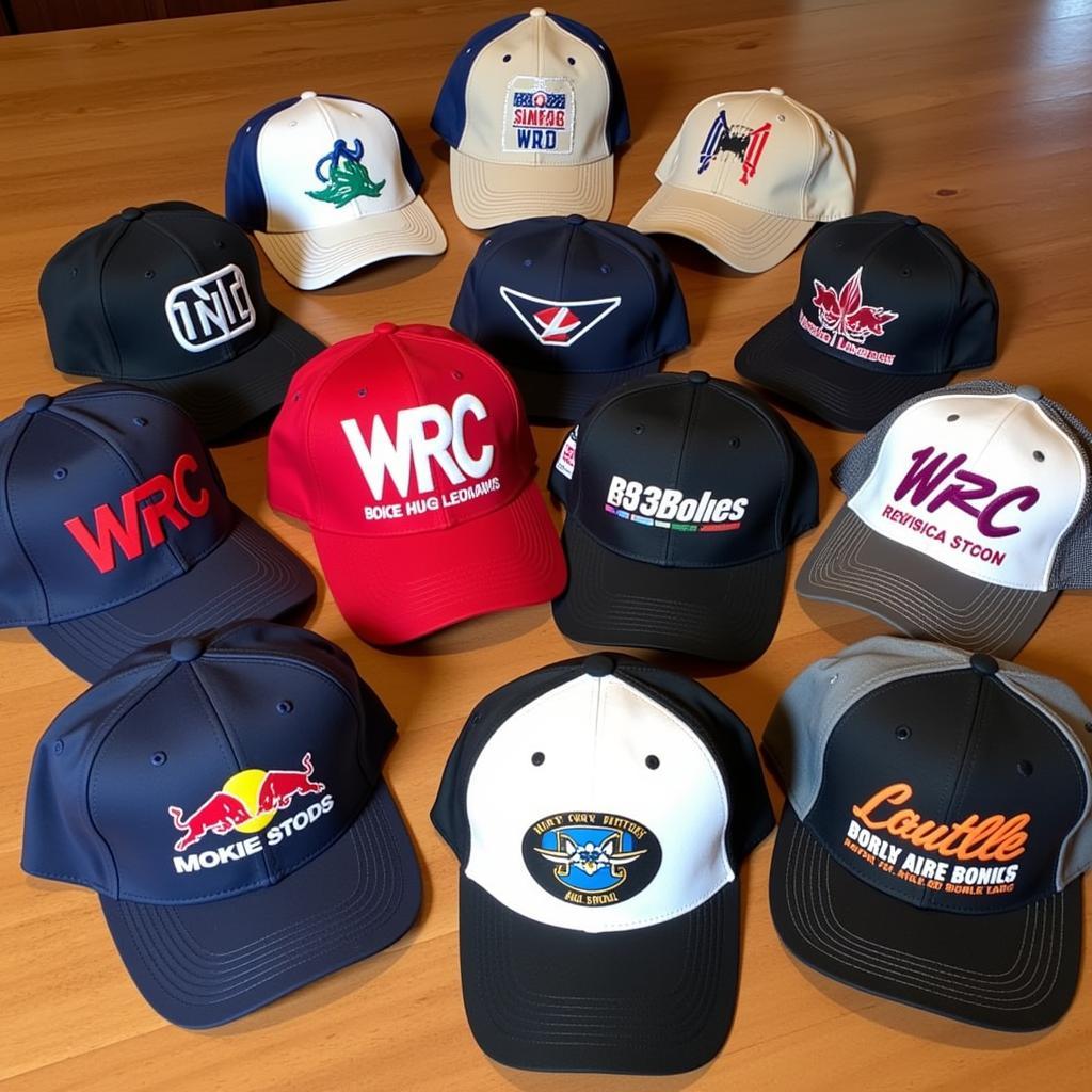 A display of rare and collectible WRC hats