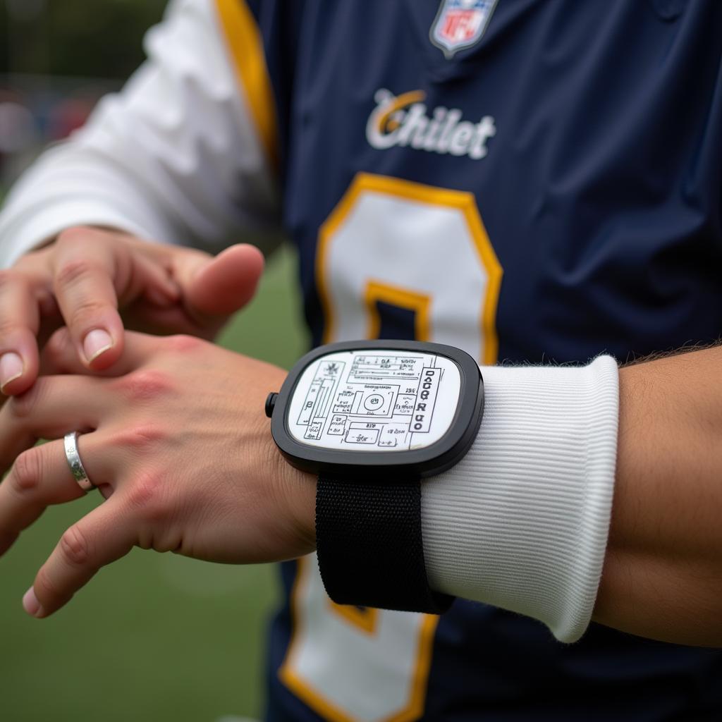 Wrist coach worn by a quarterback for quick playbook access