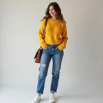 woman in a yellow sweater and jeans