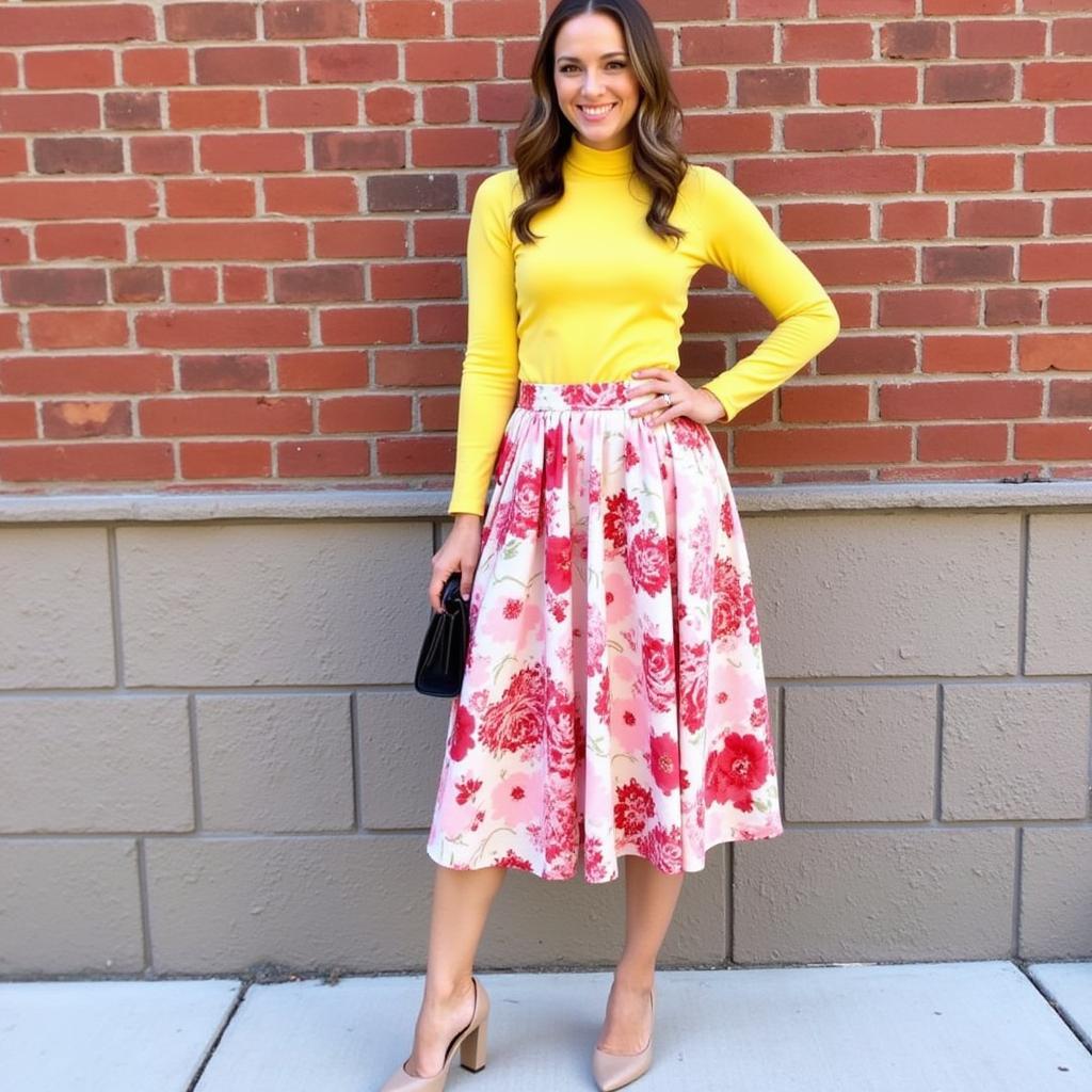 woman wearing a yellow sweater and a floral print skirt