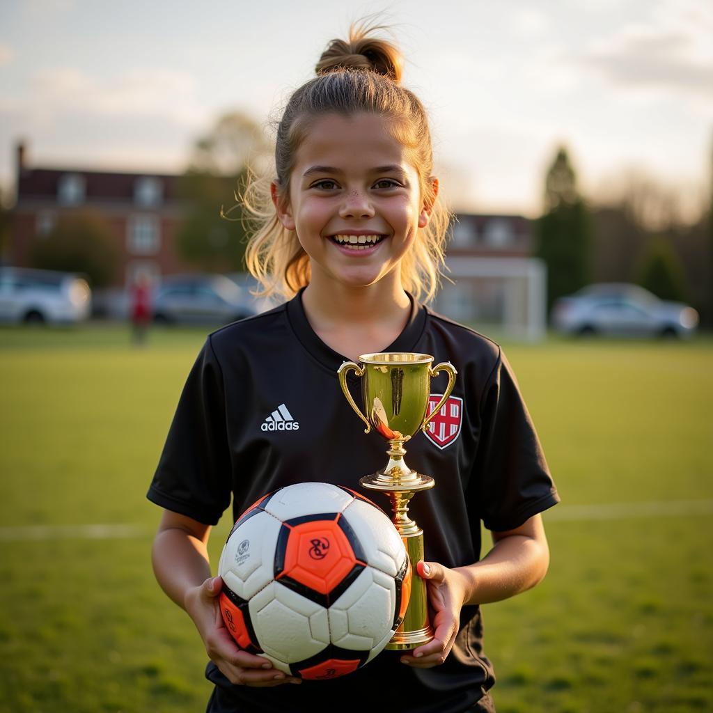 Young Athlete Holding a Soccer Ball Trophy