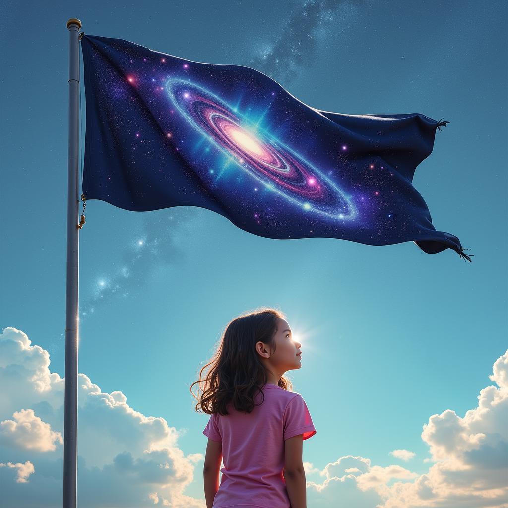 Young Girl Gazing Up at a Galaxy Flag