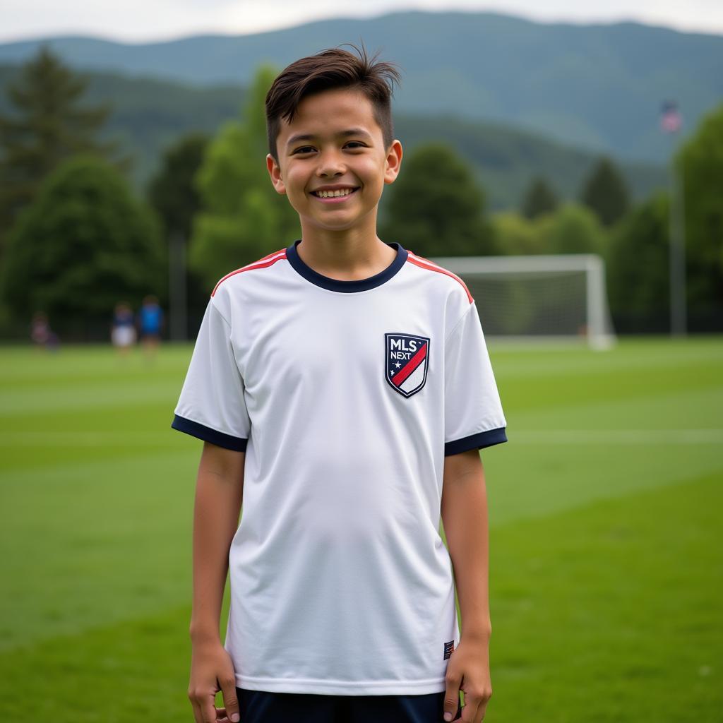 Youth soccer player proudly wearing an MLS Next patch on his jersey