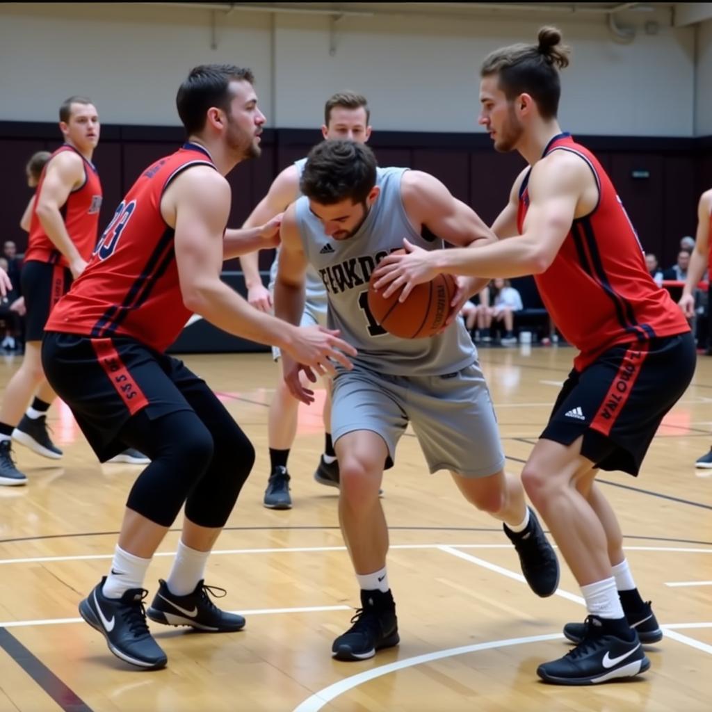 Basketball players implementing a defensive strategy during a 3v3 game.