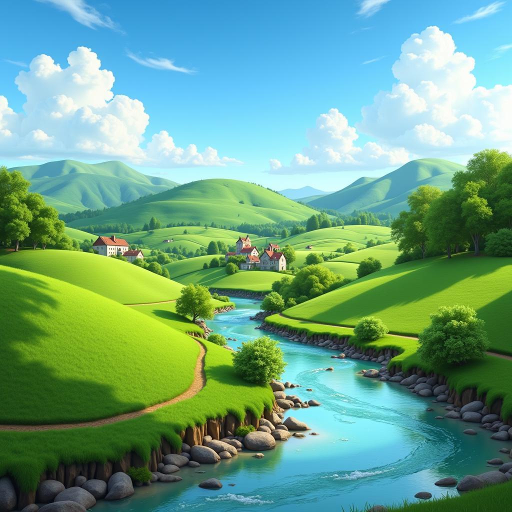 Acorn Meadows Landscape: Rolling hills, sparkling rivers, and quaint villages under a dynamic weather system