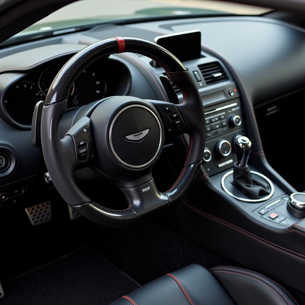 Close-up of the ACR Aston Martin's interior showcasing its performance-oriented design