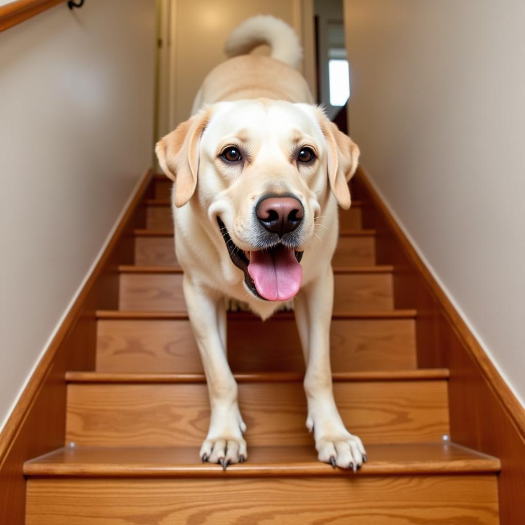 Adult dog confidently climbing stairs