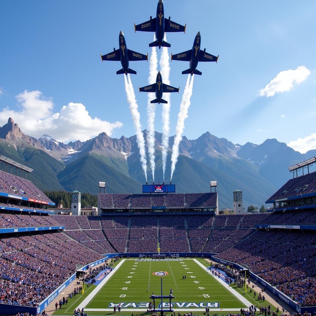 Air Force jets flying over Falcon Stadium with the Rocky Mountains in the background