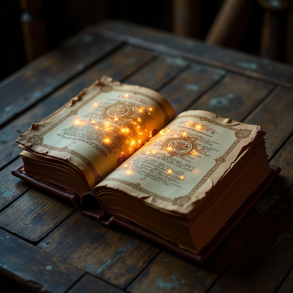 An ancient magic book open to a page filled with glowing runes