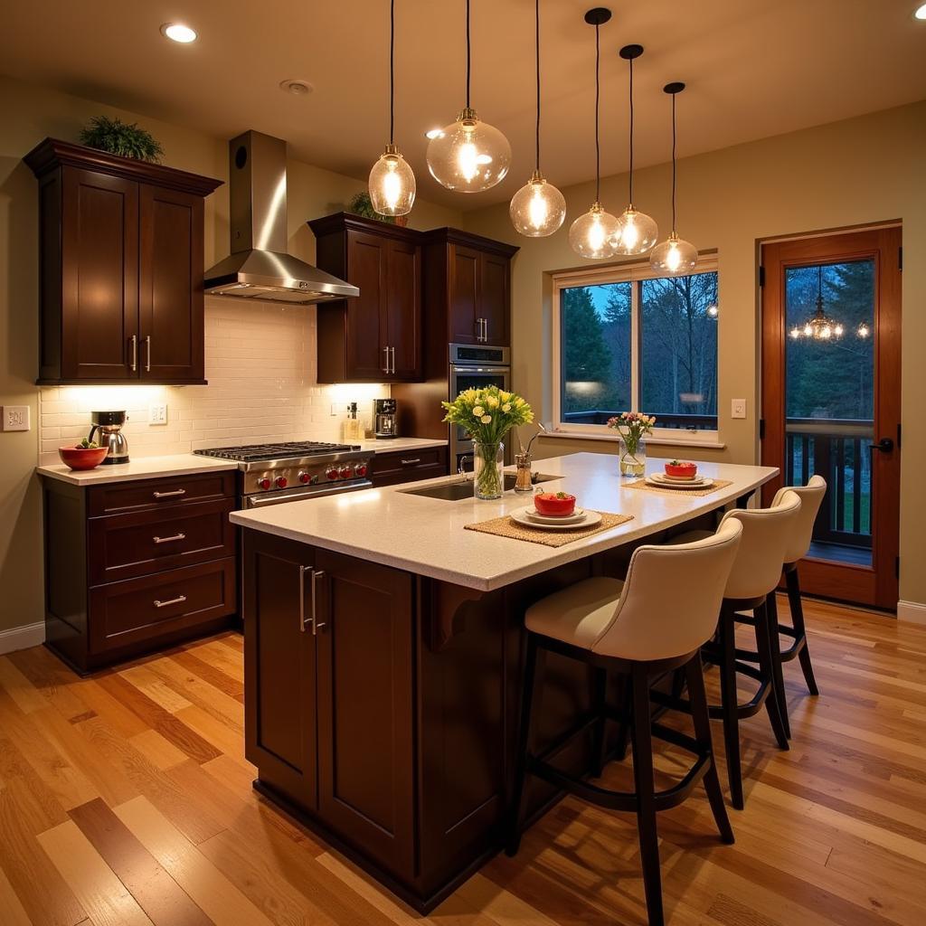 Angled Kitchen Island with Pendant Lighting