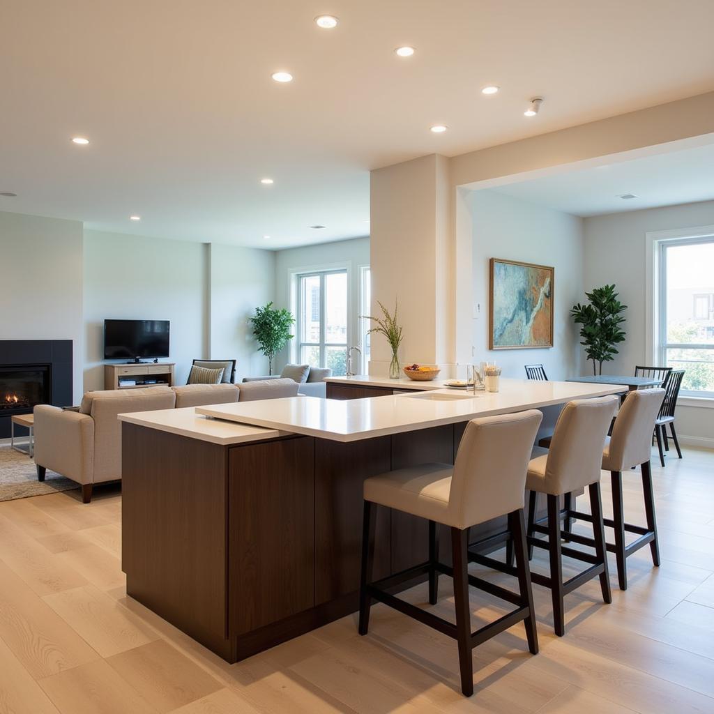 Angled Kitchen Island in Open Concept Kitchen