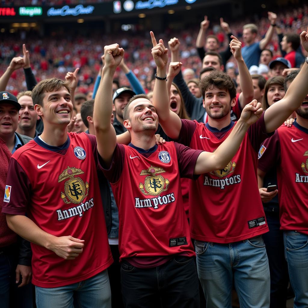 Fans celebrating a team victory wearing anniversary jerseys